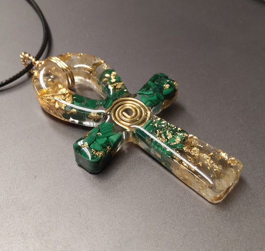 Citrine and Malachite Orgonite Ankh Necklace